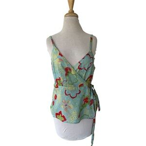 ModCloth Aqua Red Floral Cotton Wrap Tank XL Retro Swiss Dot NWOT